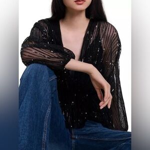 🔥HOST PICK🔥 Scala 100% Silk Black Beaded Cardigan Top Jacket M
